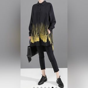 Stella Marina Collezione Long Sleeve Black Shirt Blouse Tie-dyed Print Sz; L